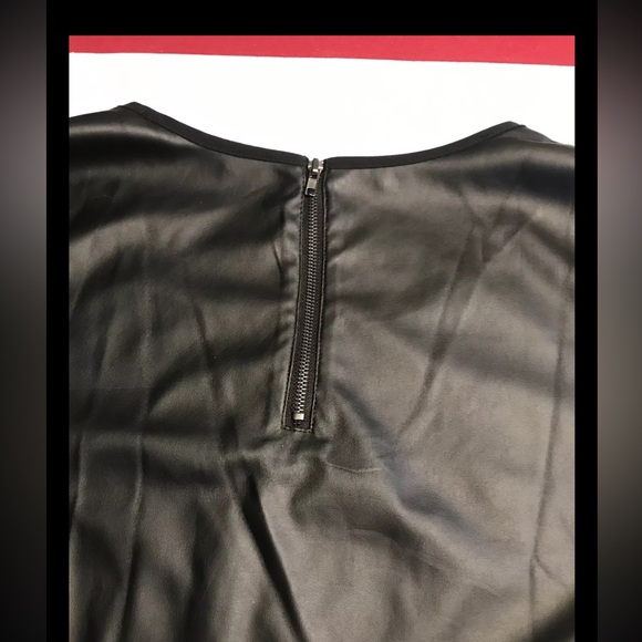Black faux leather White chiffon TUNIC Hi Low Blouse Flowy Zip Back Pullover s/s - Picture 6 of 11